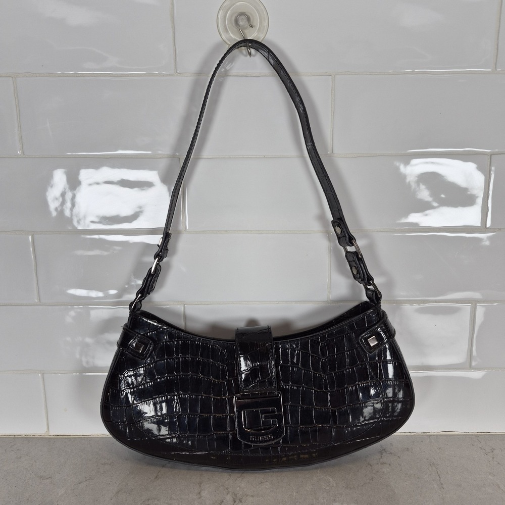 GUESS Y2K Croc Embossed Patent Shoulder Baguette Bag Black G‎ Logo Buckle Retro